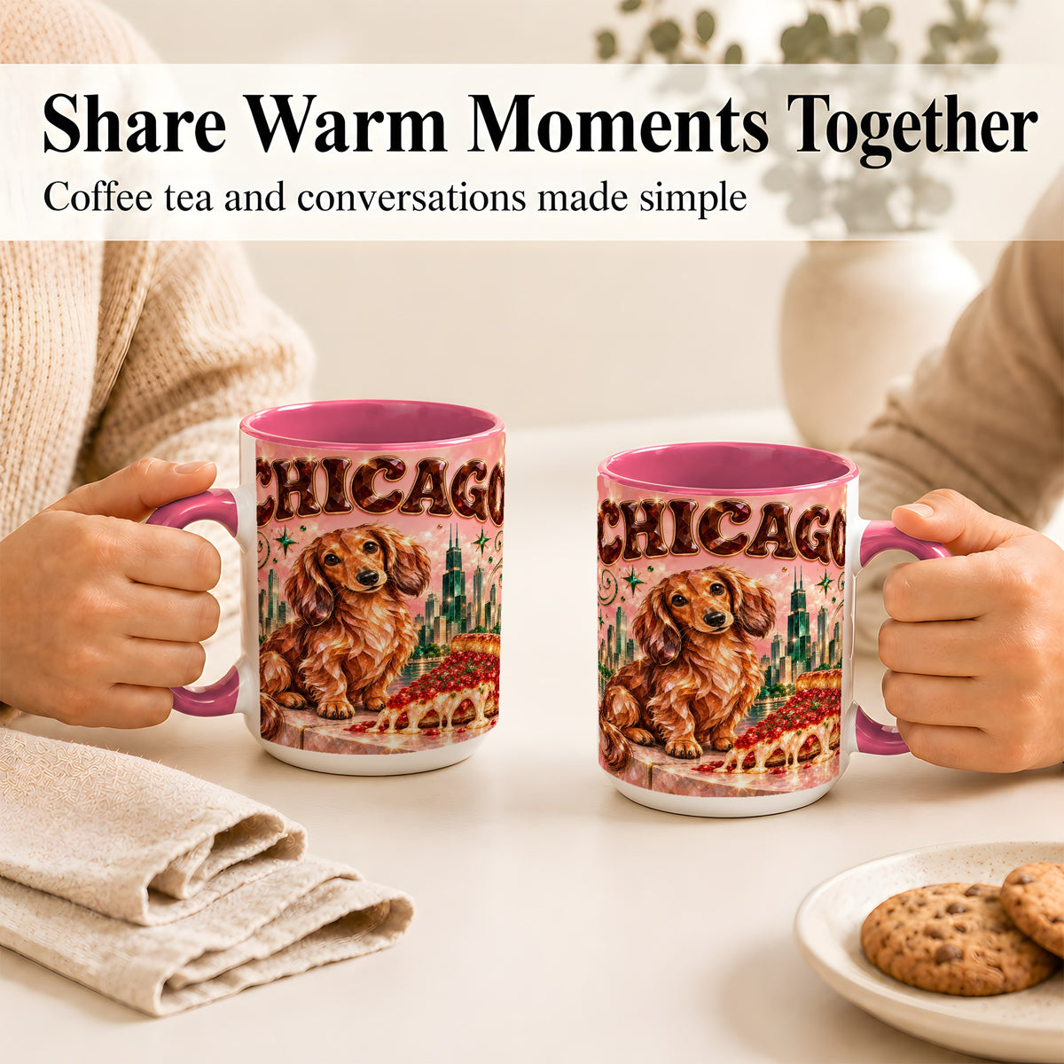 #pl[15oz|Pink] Chicago Dachshund Pizza Coffee Mug, City Dog Mug, Ceramic Cup