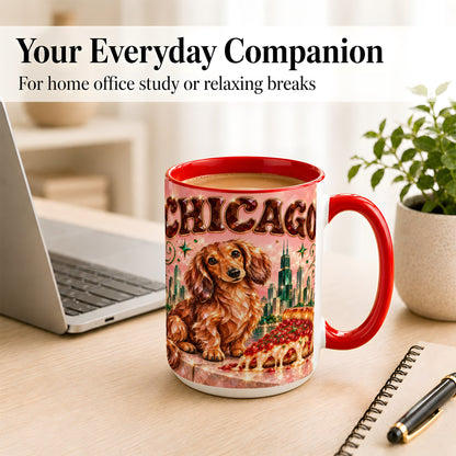 #pl[15oz|Red] Chicago Dachshund Pizza Coffee Mug, City Dog Mug, Ceramic Cup