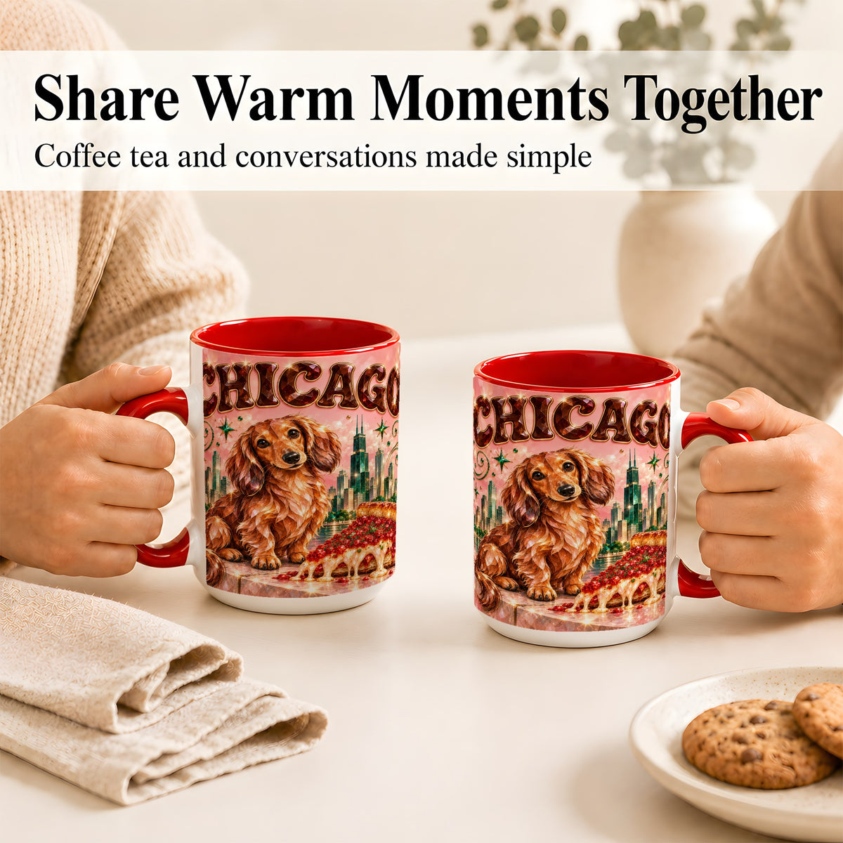 #pl[15oz|Red] Chicago Dachshund Pizza Coffee Mug, City Dog Mug, Ceramic Cup