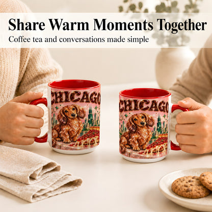 #pl[15oz|Red] Chicago Dachshund Pizza Coffee Mug, City Dog Mug, Ceramic Cup