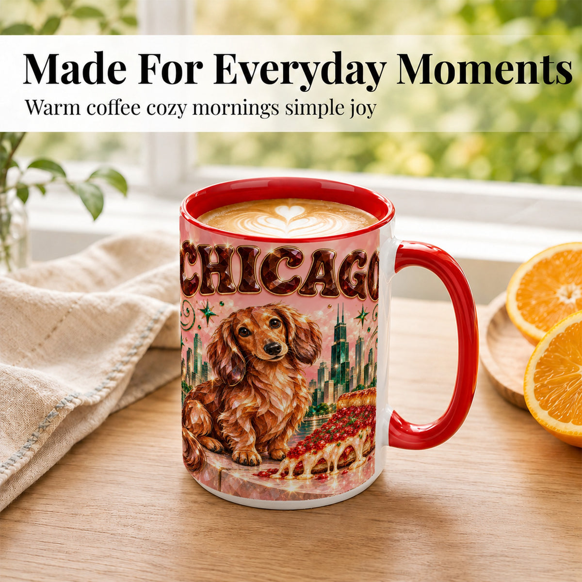#pl[15oz|Red] Chicago Dachshund Pizza Coffee Mug, City Dog Mug, Ceramic Cup