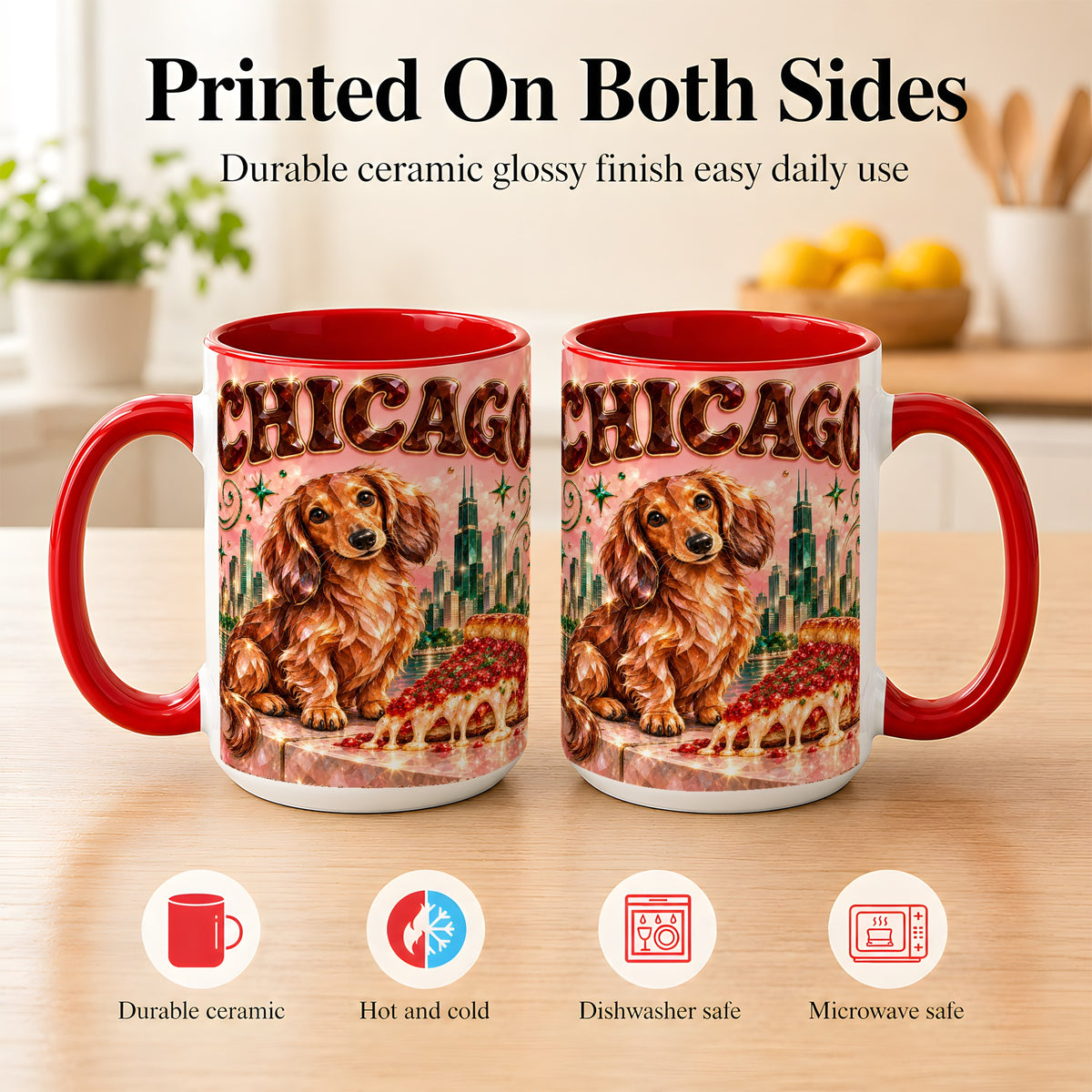 #pl[15oz|Red] Chicago Dachshund Pizza Coffee Mug, City Dog Mug, Ceramic Cup