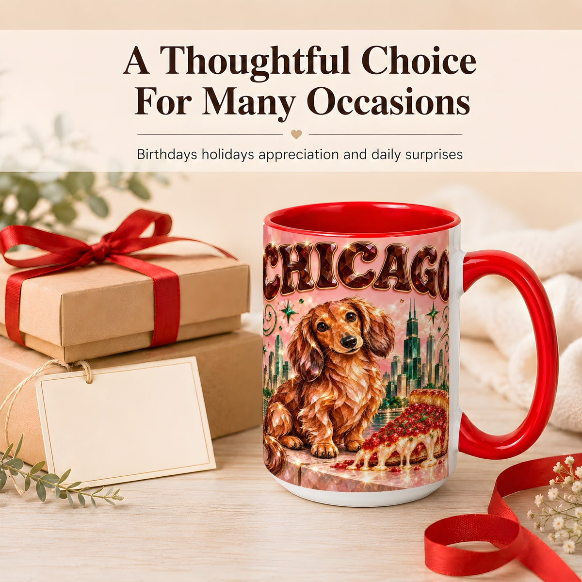 #pl[15oz|Red] Chicago Dachshund Pizza Coffee Mug, City Dog Mug, Ceramic Cup