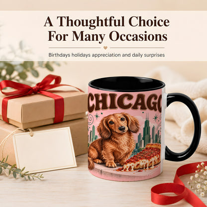 #pl[11oz|Black] Chicago Dachshund Pizza Coffee Mug, City Dog Mug, Ceramic Cup