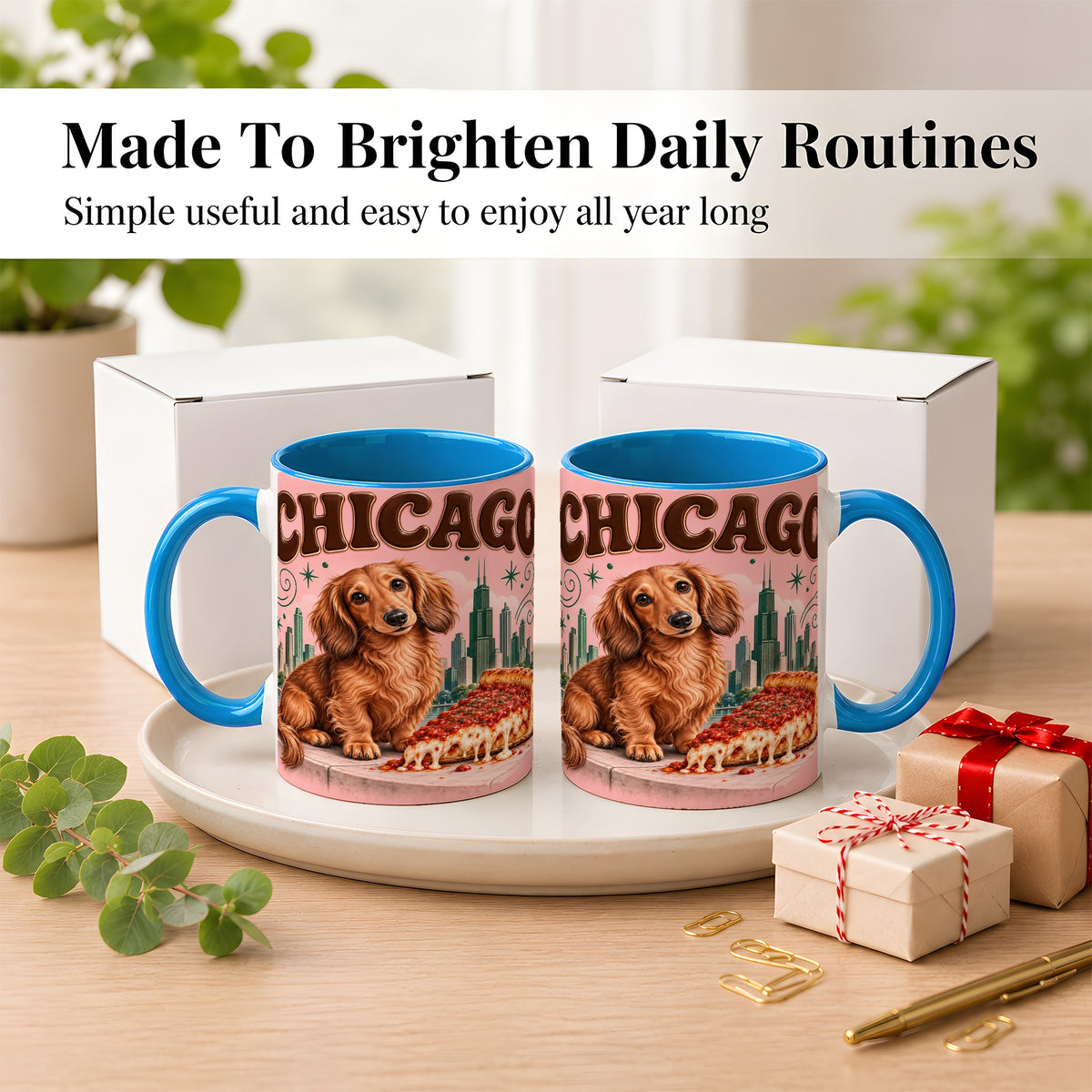 #pl[11oz|Blue] Chicago Dachshund Pizza Coffee Mug, City Dog Mug, Ceramic Cup