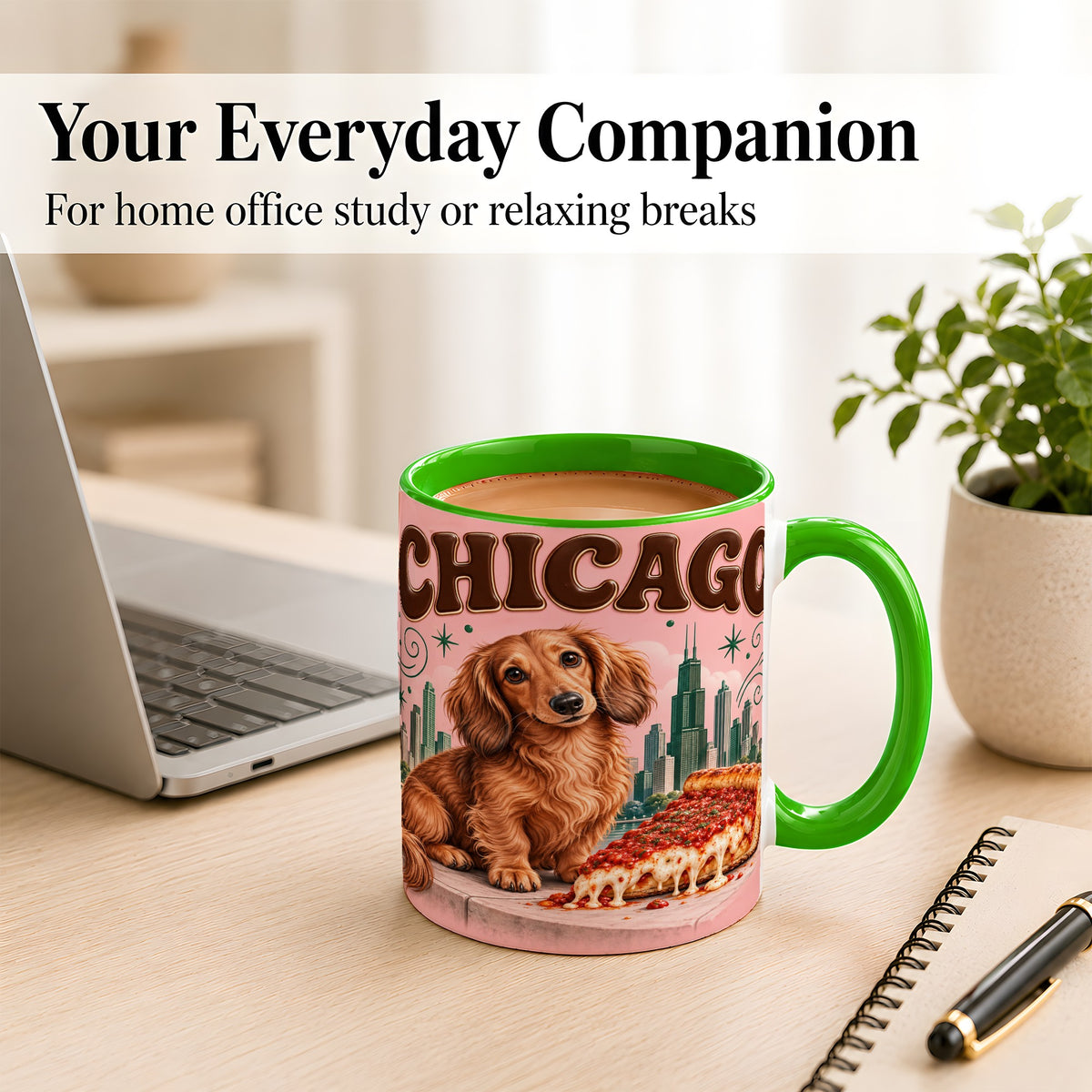 #pl[11oz|Green] Chicago Dachshund Pizza Coffee Mug, City Dog Mug, Ceramic Cup
