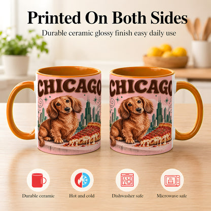 #pl[11oz|Orange] Chicago Dachshund Pizza Coffee Mug, City Dog Mug, Ceramic Cup