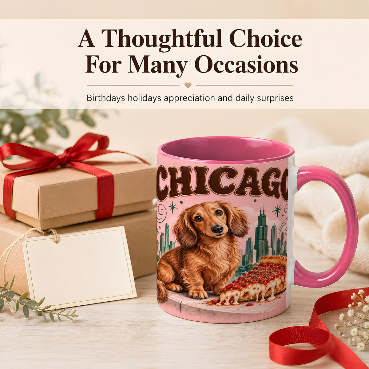 #pl[11oz|Pink] Chicago Dachshund Pizza Coffee Mug, City Dog Mug, Ceramic Cup