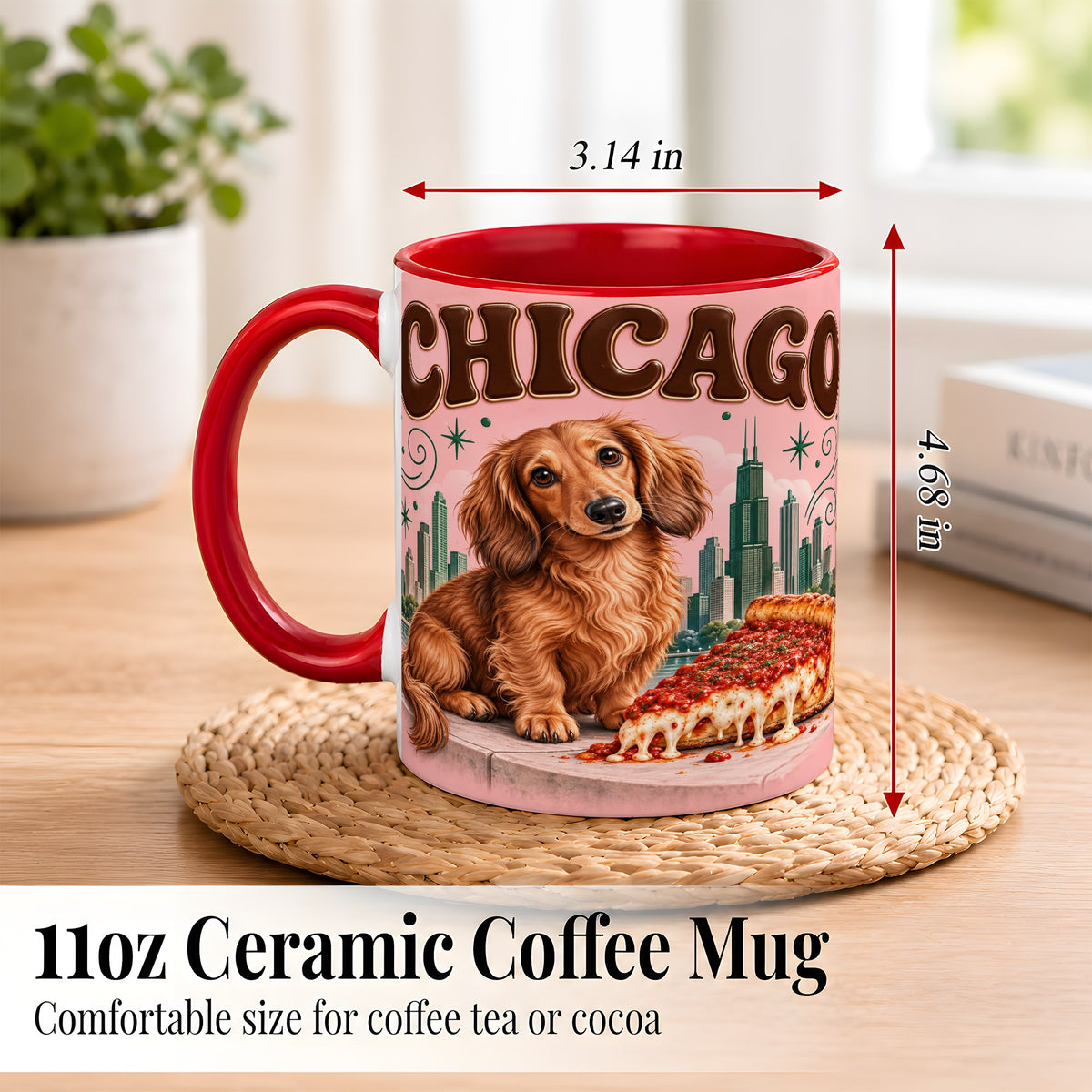 #pl[11oz|Red] Chicago Dachshund Pizza Coffee Mug, City Dog Mug, Ceramic Cup
