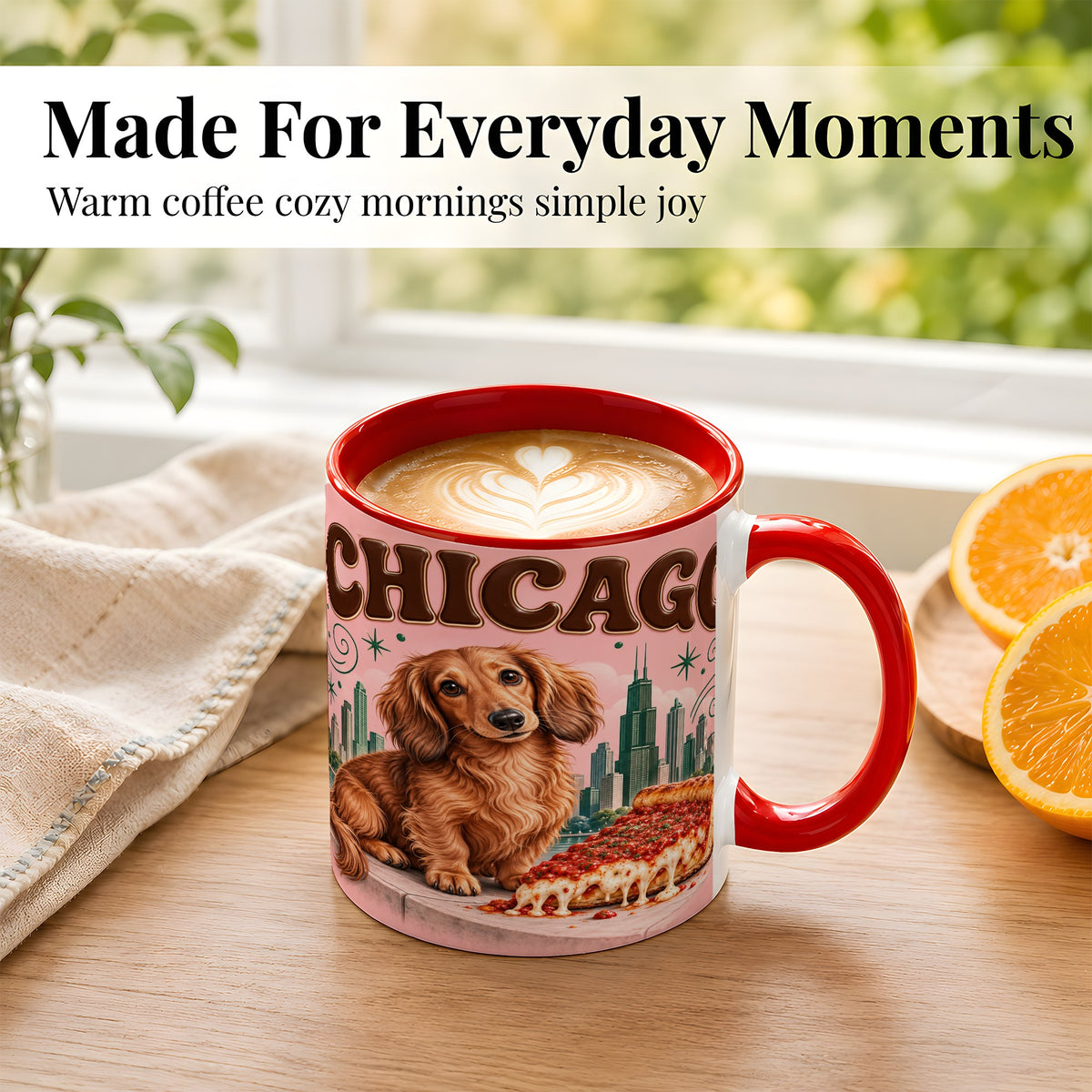 #pl[11oz|Red] Chicago Dachshund Pizza Coffee Mug, City Dog Mug, Ceramic Cup