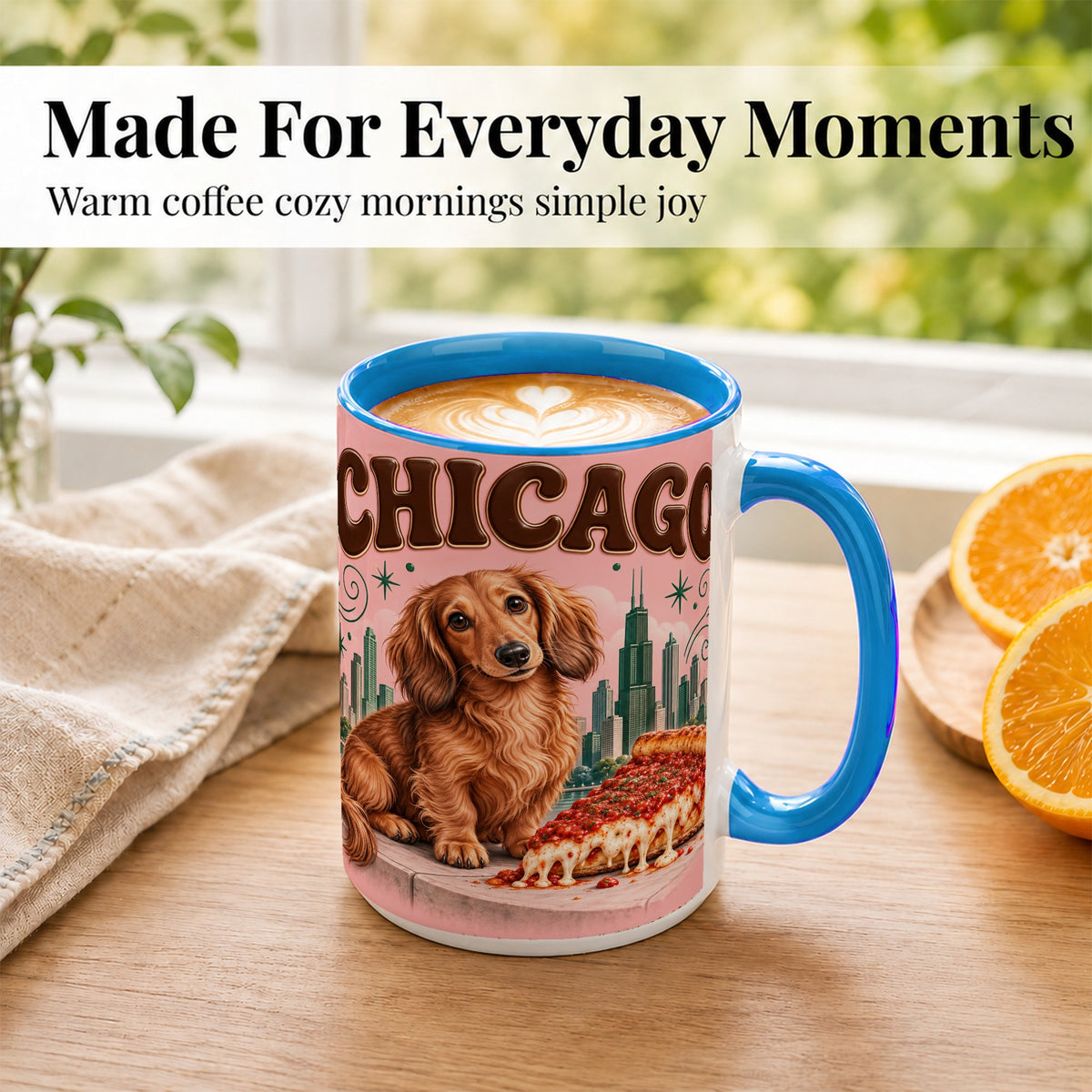 #pl[15oz|Blue] Chicago Dachshund Pizza Coffee Mug, City Dog Mug, Ceramic Cup