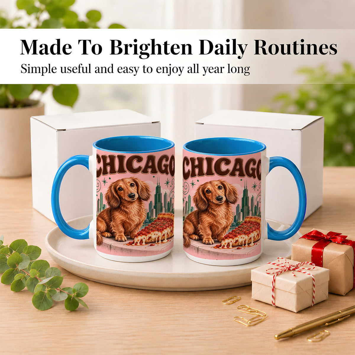 #pl[15oz|Blue] Chicago Dachshund Pizza Coffee Mug, City Dog Mug, Ceramic Cup