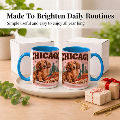 #pl[15oz|Blue] Chicago Dachshund Pizza Coffee Mug, City Dog Mug, Ceramic Cup