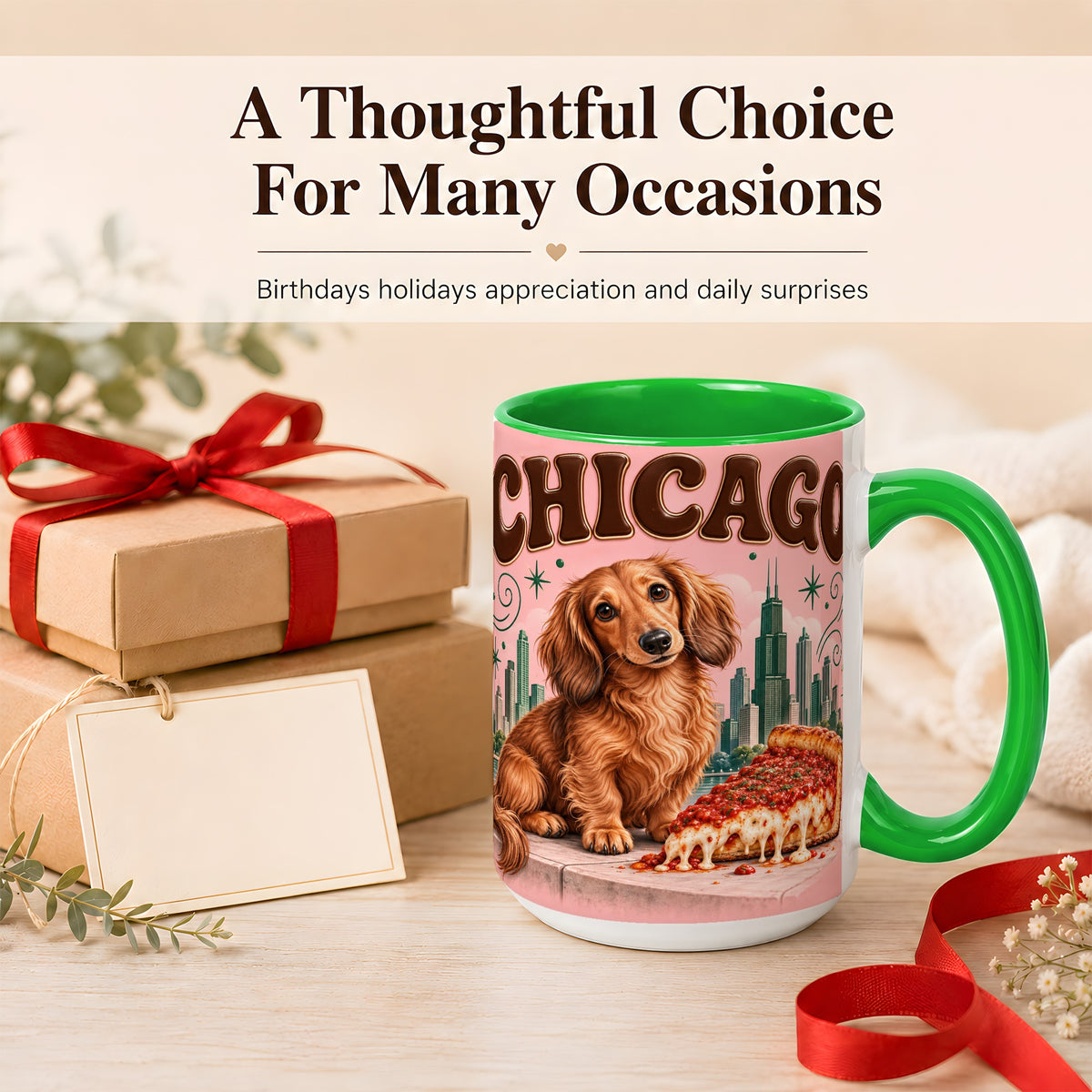 #pl[15oz|Green] Chicago Dachshund Pizza Coffee Mug, City Dog Mug, Ceramic Cup