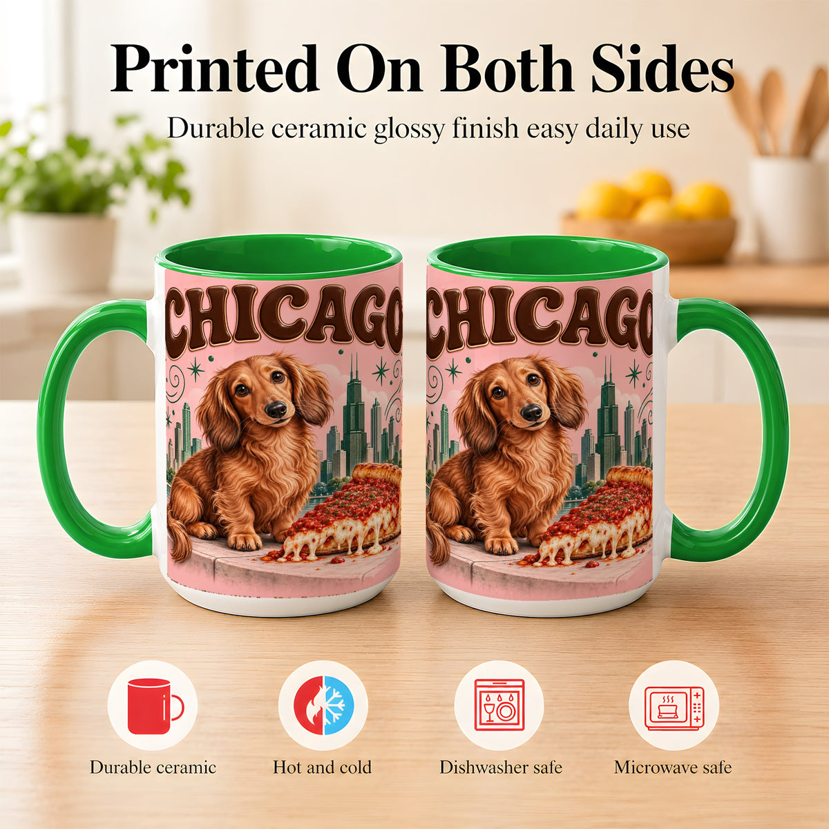 #pl[15oz|Green] Chicago Dachshund Pizza Coffee Mug, City Dog Mug, Ceramic Cup