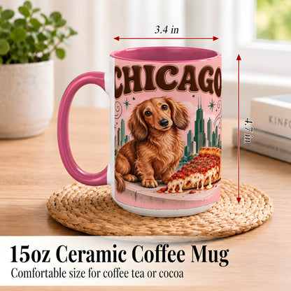 #pl[15oz|Pink] Chicago Dachshund Pizza Coffee Mug, City Dog Mug, Ceramic Cup