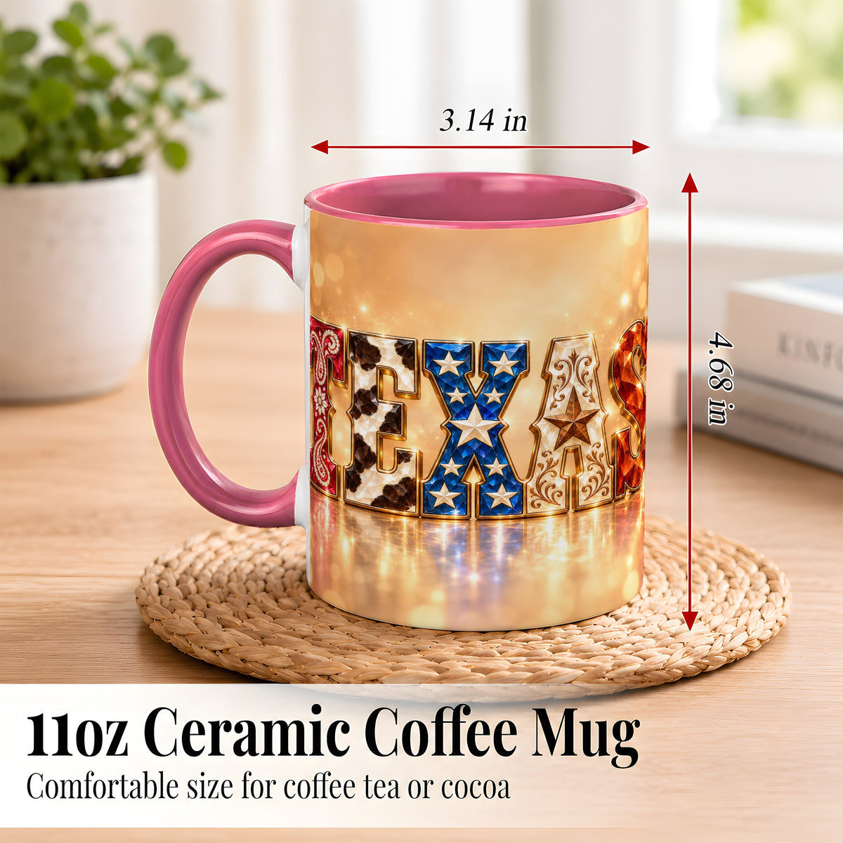 #pl[11oz|Pink] Texas Jeweled Coffee Mug, Western State Mug, Ceramic Cup