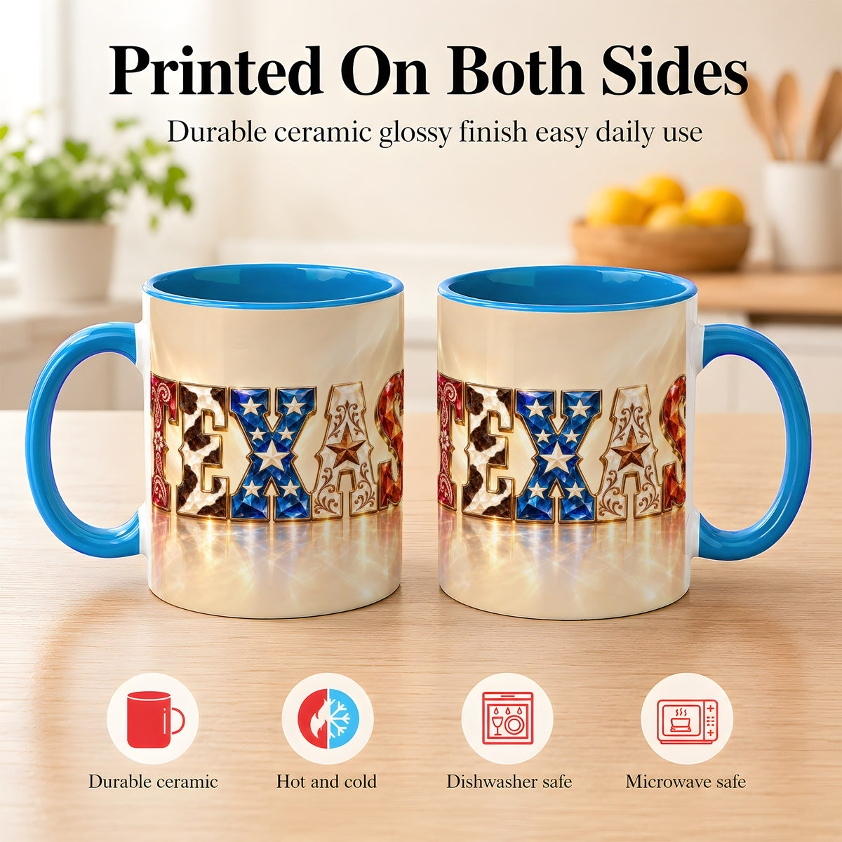 #pl[11oz|Blue] Texas Western Stars Coffee Mug, Jeweled State Mug, Ceramic Cup