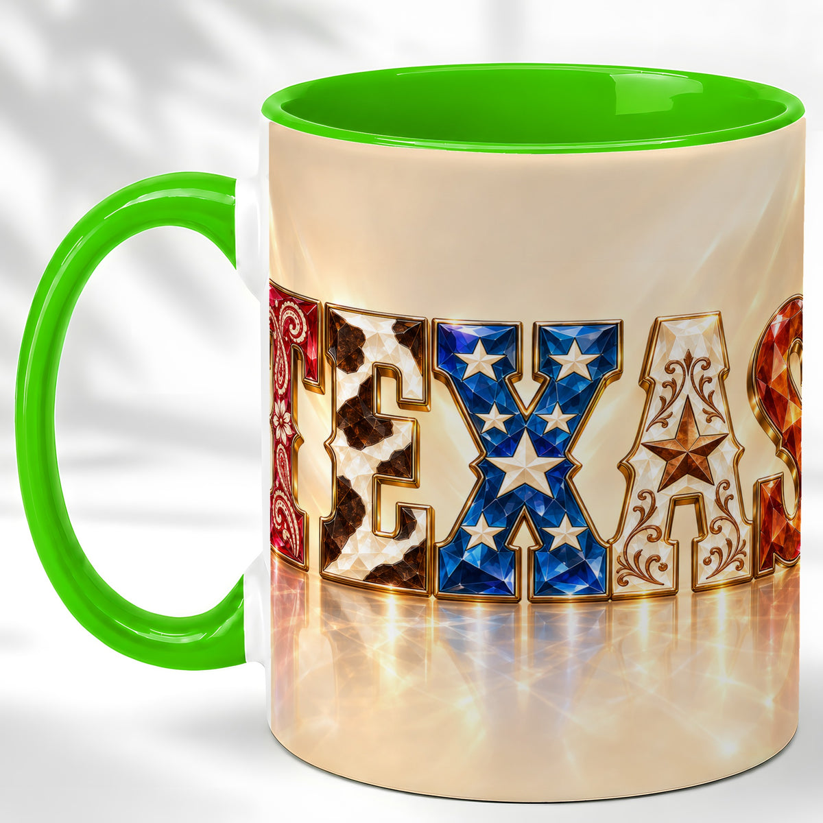 #pl[11oz|Green] Texas Western Stars Coffee Mug, Jeweled State Mug, Ceramic Cup