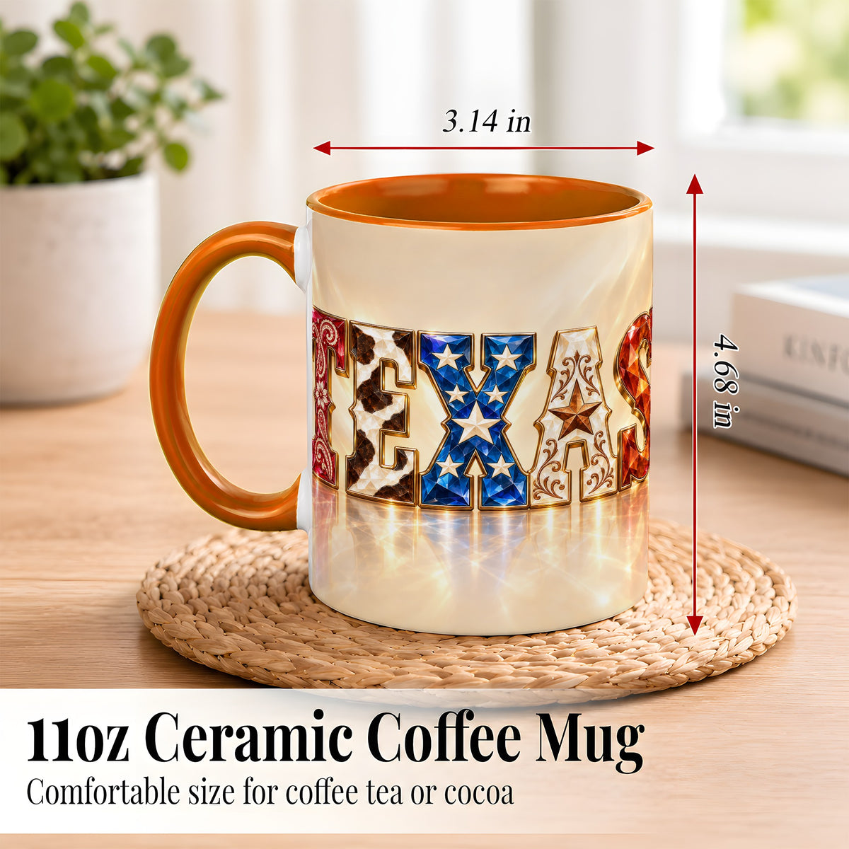 #pl[11oz|Orange] Texas Western Stars Coffee Mug, Jeweled State Mug, Ceramic Cup