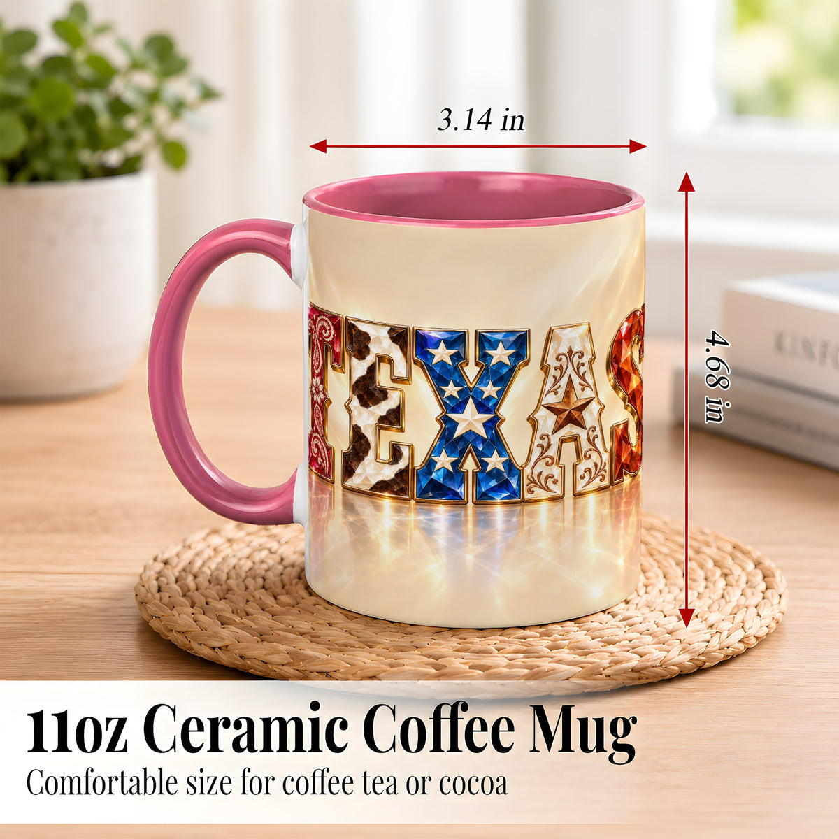 #pl[11oz|Pink] Texas Western Stars Coffee Mug, Jeweled State Mug, Ceramic Cup