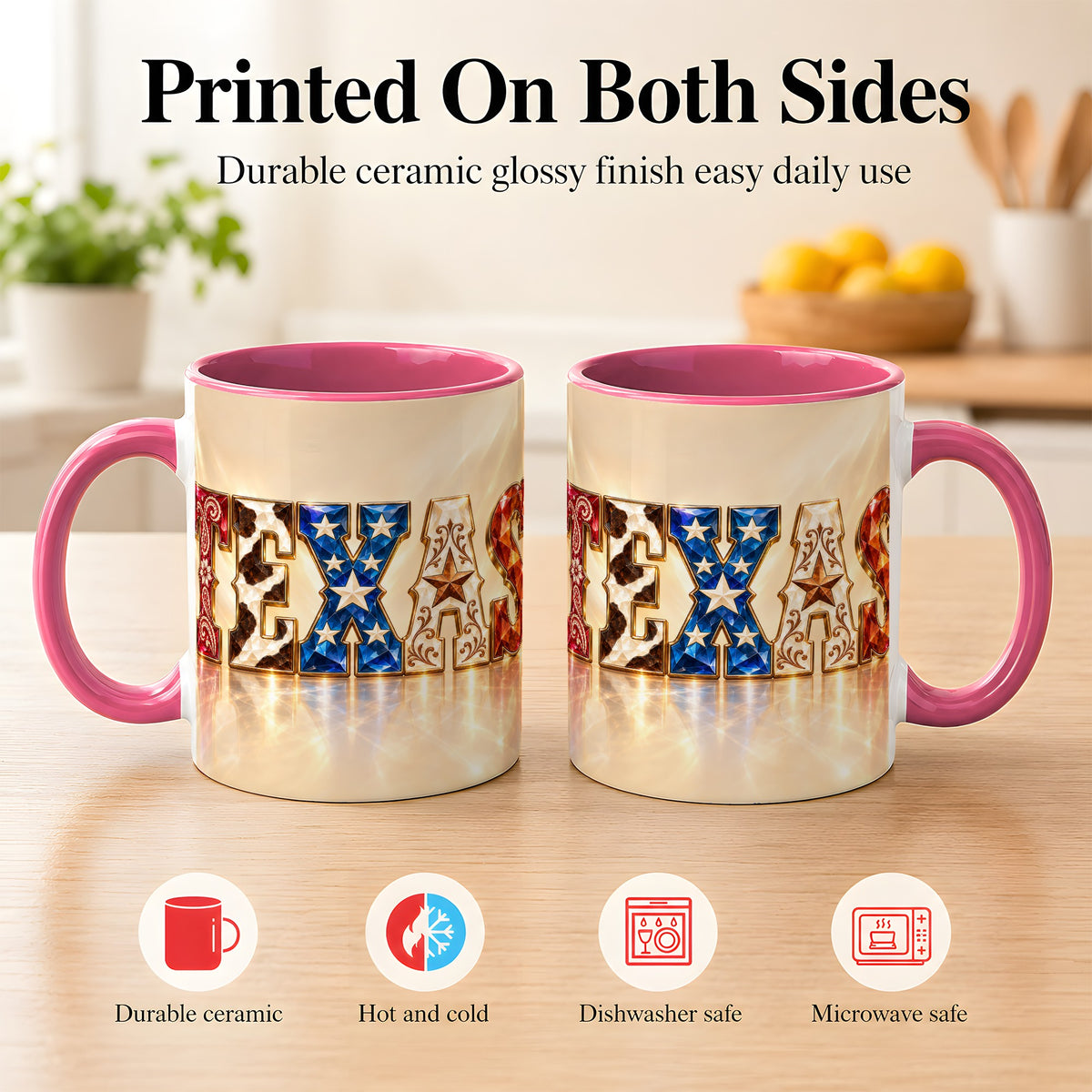 #pl[11oz|Pink] Texas Western Stars Coffee Mug, Jeweled State Mug, Ceramic Cup