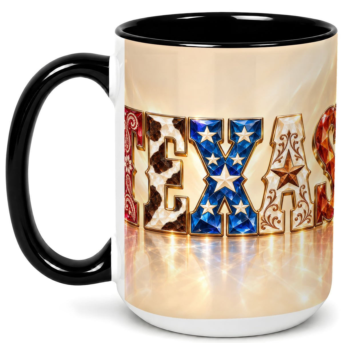 #pl[15oz|Black] Texas Western Stars Coffee Mug, Jeweled State Mug, Ceramic Cup