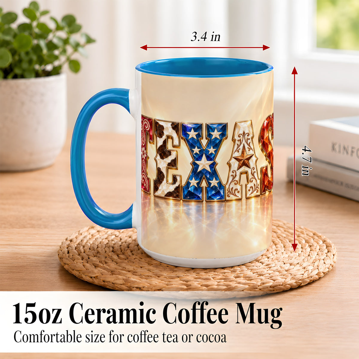 #pl[15oz|Blue] Texas Western Stars Coffee Mug, Jeweled State Mug, Ceramic Cup