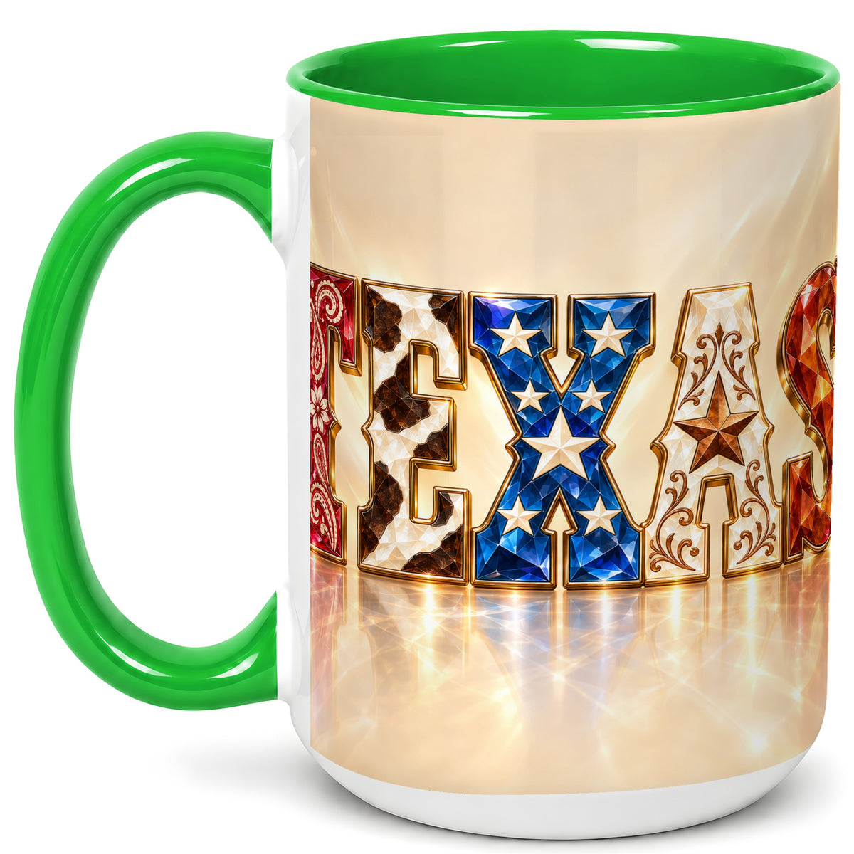 #pl[15oz|Green] Texas Western Stars Coffee Mug, Jeweled State Mug, Ceramic Cup