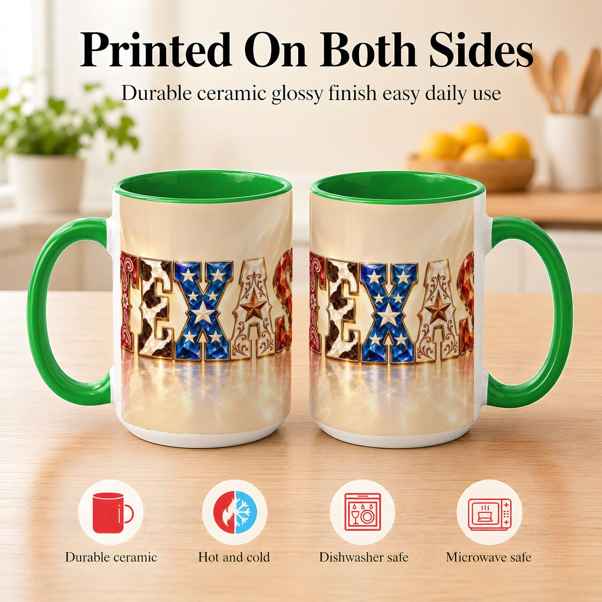 #pl[15oz|Green] Texas Western Stars Coffee Mug, Jeweled State Mug, Ceramic Cup