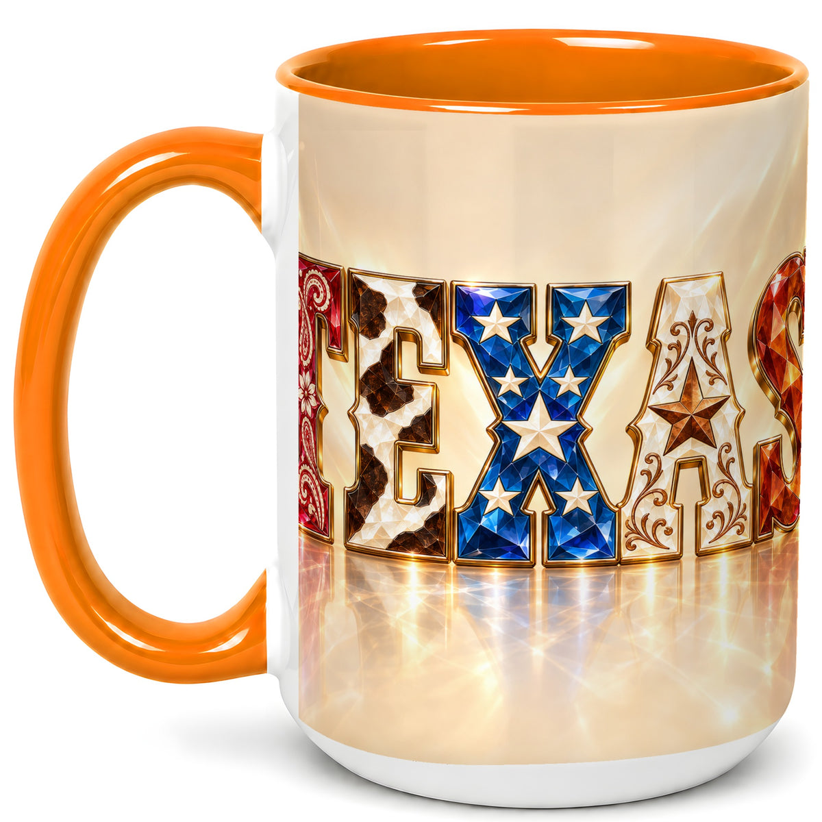 #pl[15oz|Orange] Texas Western Stars Coffee Mug, Jeweled State Mug, Ceramic Cup