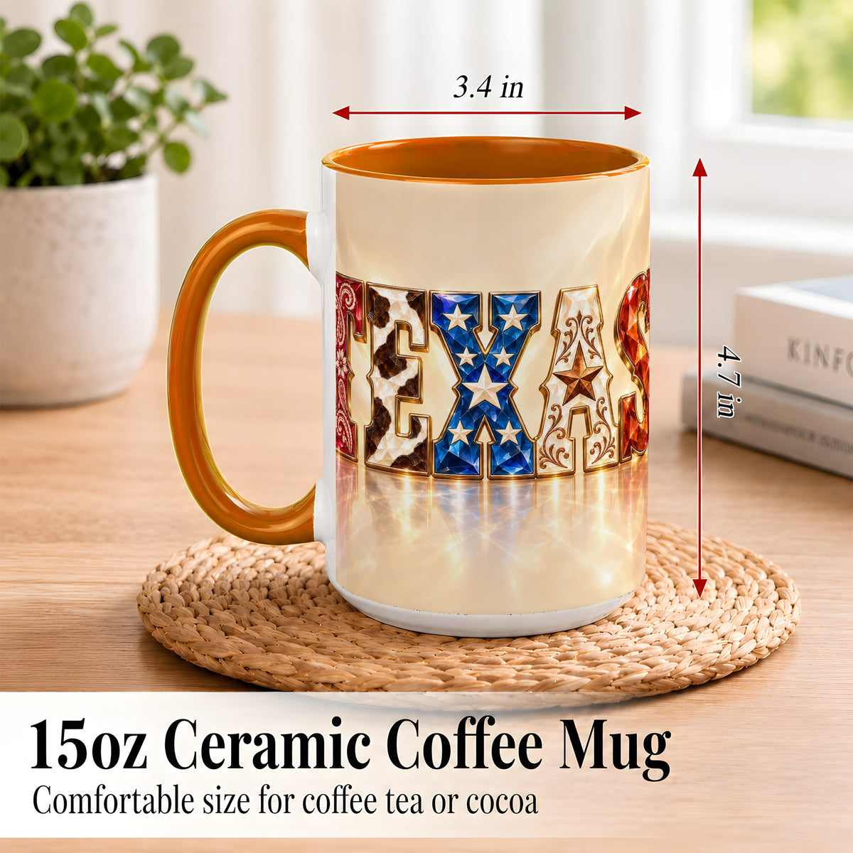 #pl[15oz|Orange] Texas Western Stars Coffee Mug, Jeweled State Mug, Ceramic Cup