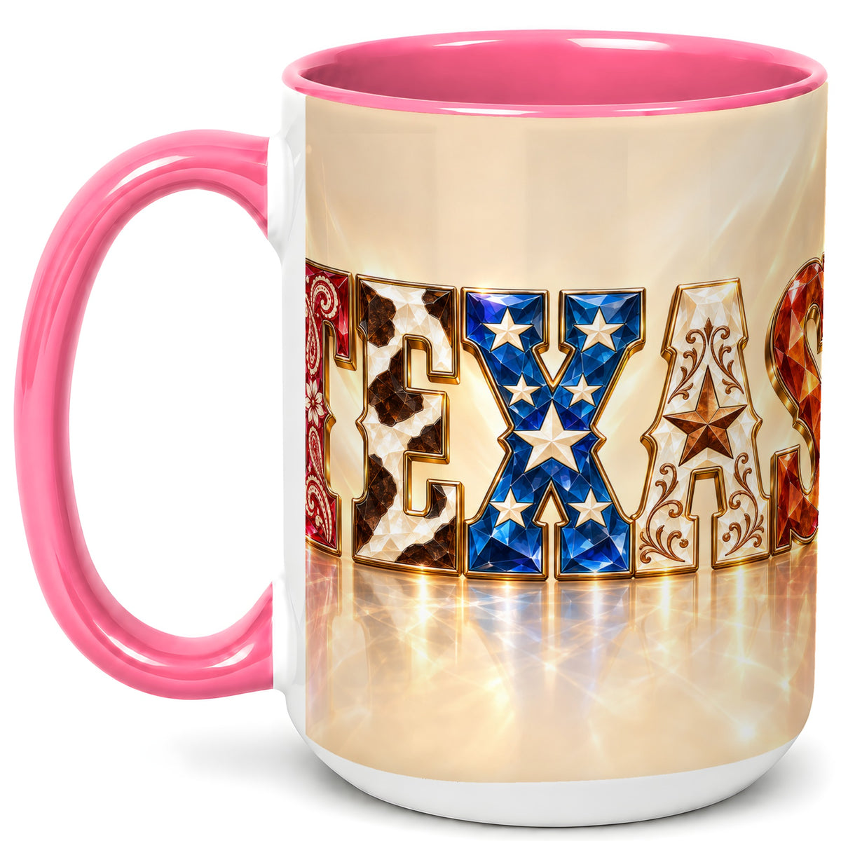 #pl[15oz|Pink] Texas Western Stars Coffee Mug, Jeweled State Mug, Ceramic Cup