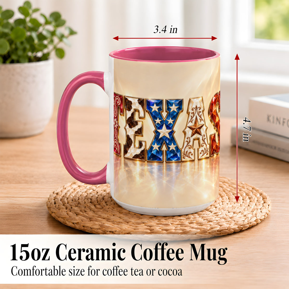 #pl[15oz|Pink] Texas Western Stars Coffee Mug, Jeweled State Mug, Ceramic Cup