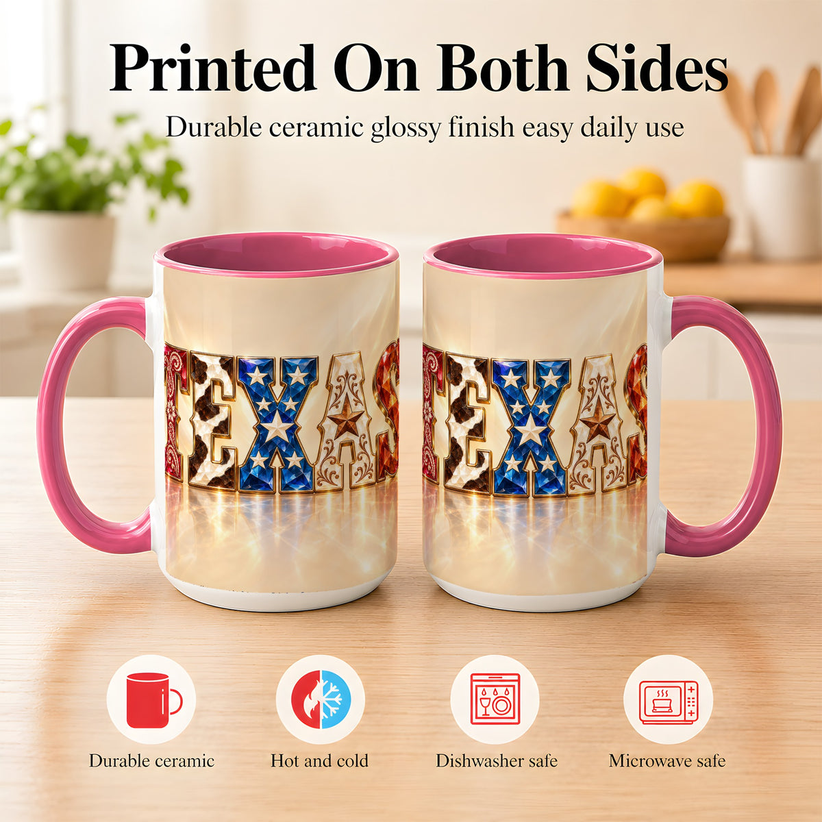 #pl[15oz|Pink] Texas Western Stars Coffee Mug, Jeweled State Mug, Ceramic Cup