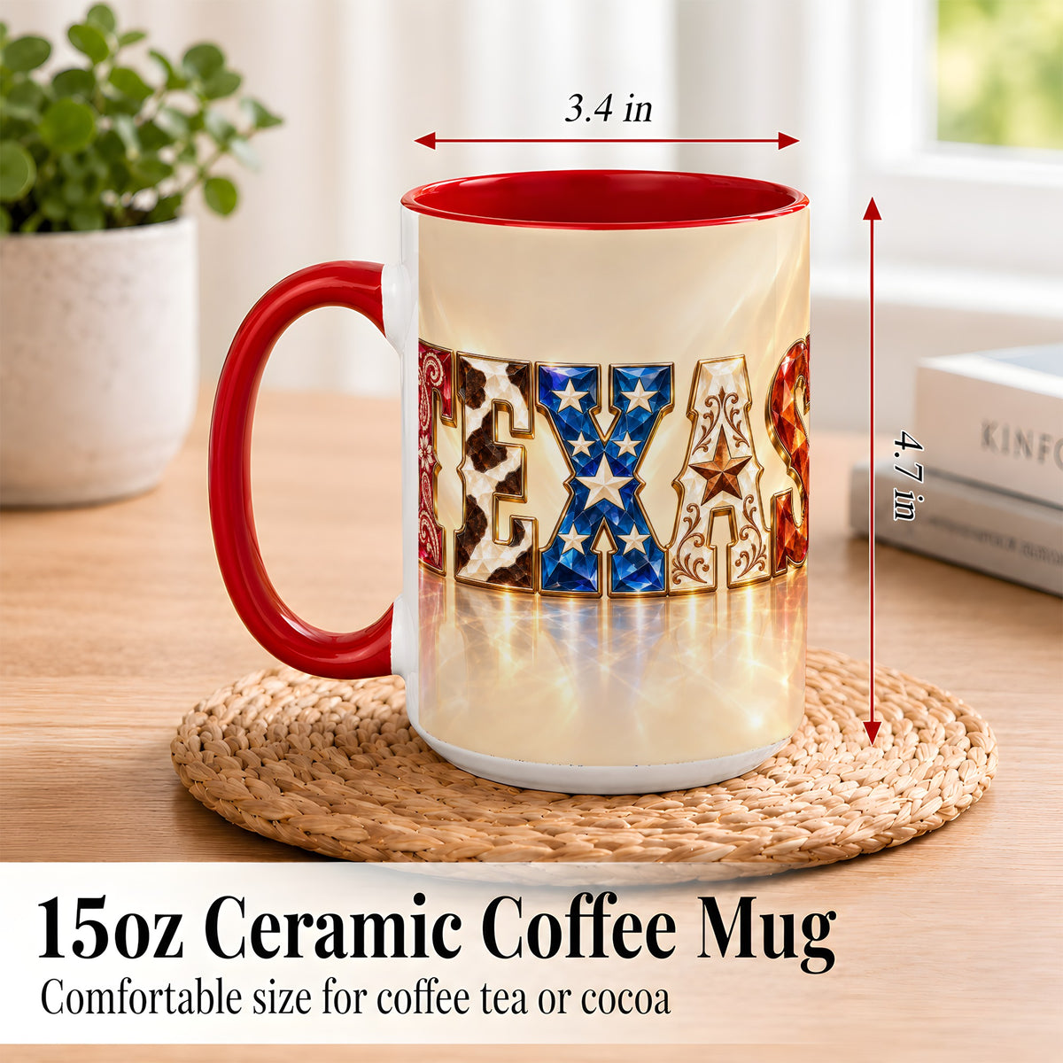 #pl[15oz|Red] Texas Western Stars Coffee Mug, Jeweled State Mug, Ceramic Cup