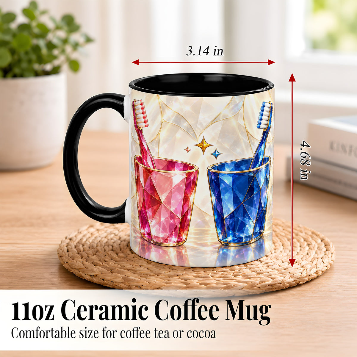 #pl[11oz|Black] Gemstone Toothbrush Pair Coffee Mug, Dental Theme Mug, Ceramic Cup