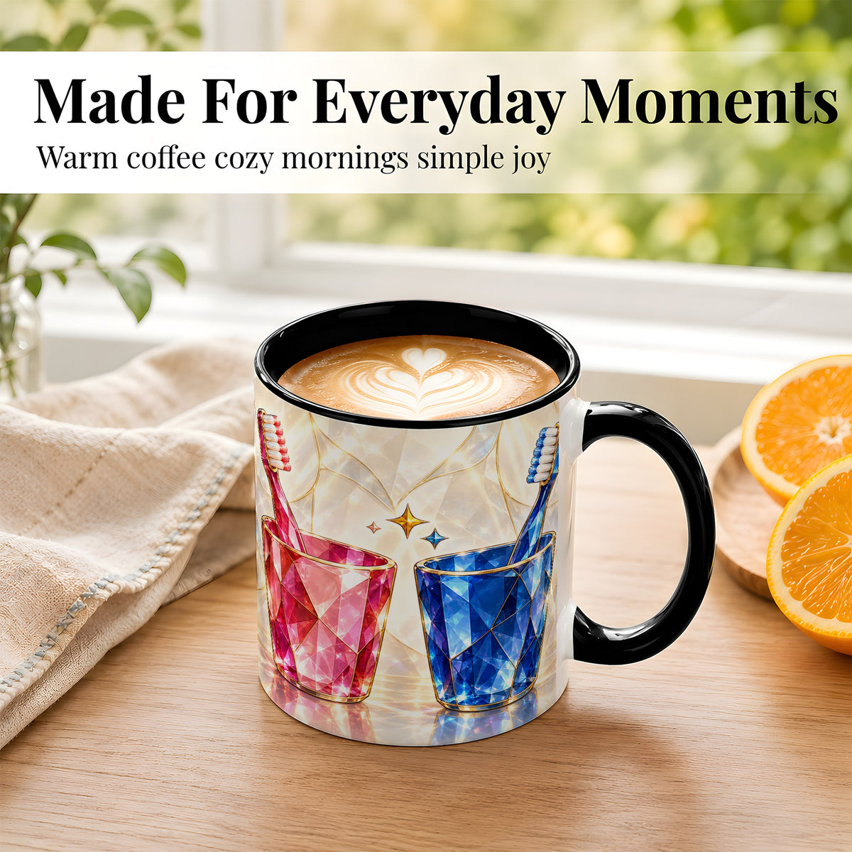 #pl[11oz|Black] Gemstone Toothbrush Pair Coffee Mug, Dental Theme Mug, Ceramic Cup