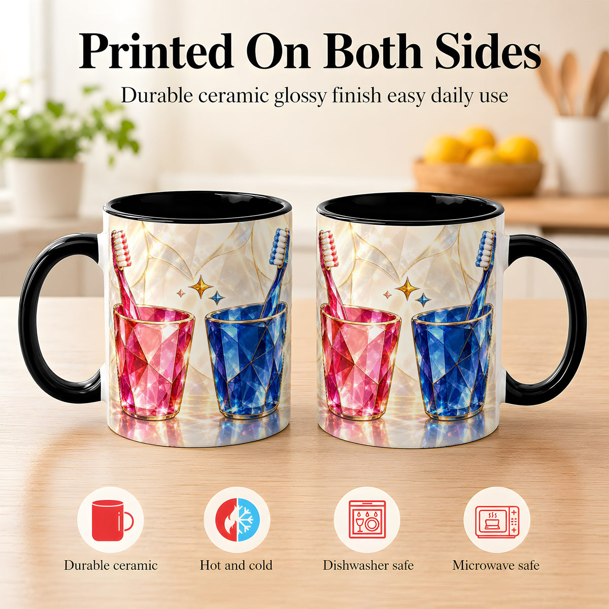 #pl[11oz|Black] Gemstone Toothbrush Pair Coffee Mug, Dental Theme Mug, Ceramic Cup