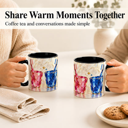 #pl[11oz|Black] Gemstone Toothbrush Pair Coffee Mug, Dental Theme Mug, Ceramic Cup