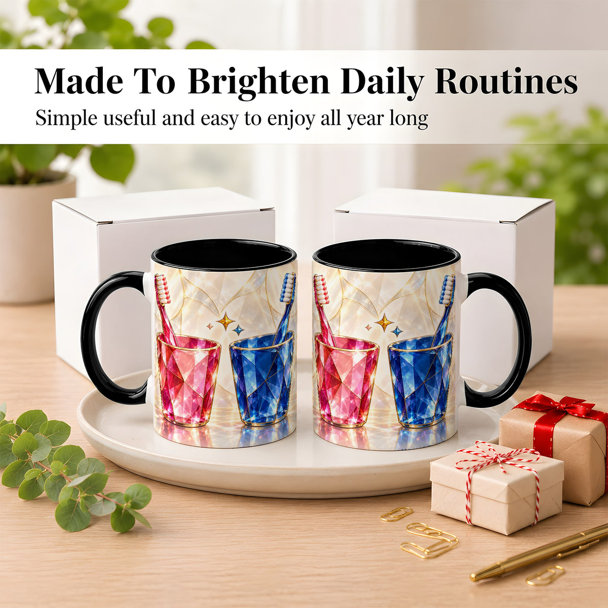 #pl[11oz|Black] Gemstone Toothbrush Pair Coffee Mug, Dental Theme Mug, Ceramic Cup