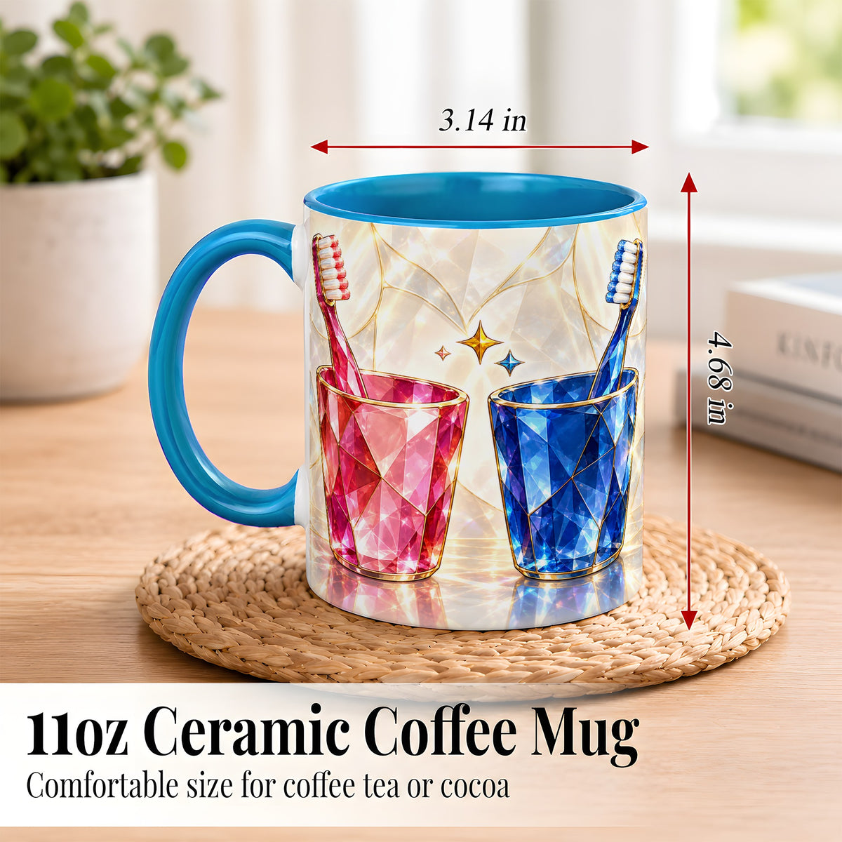 #pl[11oz|Blue] Gemstone Toothbrush Pair Coffee Mug, Dental Theme Mug, Ceramic Cup