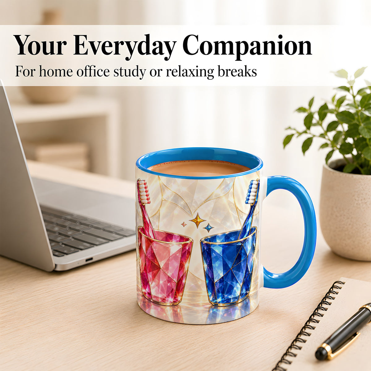 #pl[11oz|Blue] Gemstone Toothbrush Pair Coffee Mug, Dental Theme Mug, Ceramic Cup