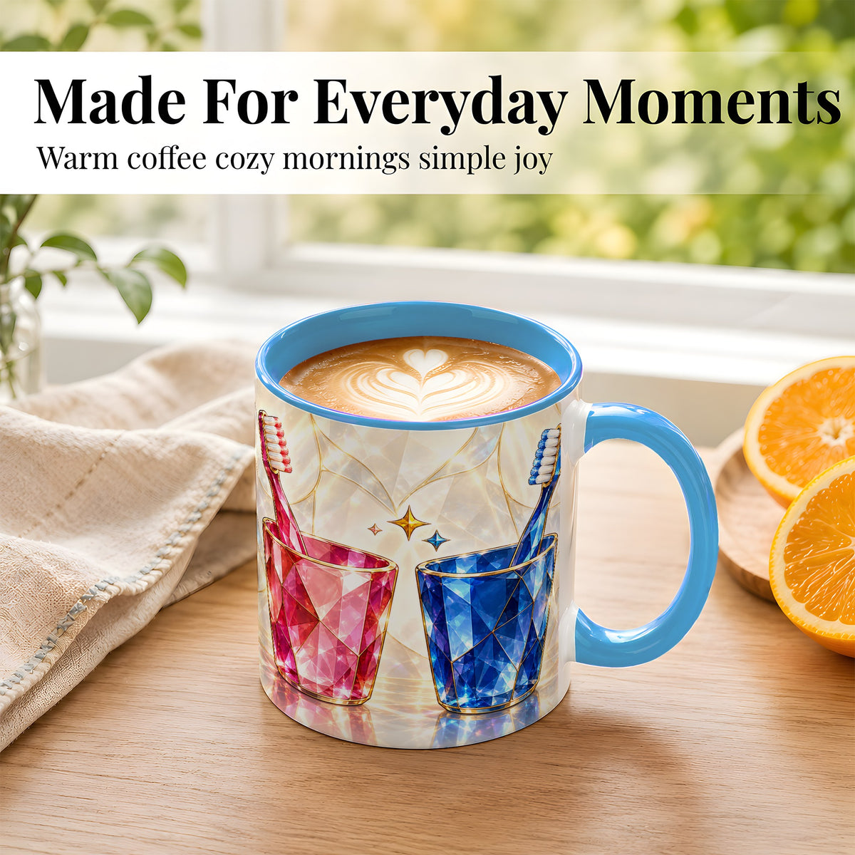 #pl[11oz|Blue] Gemstone Toothbrush Pair Coffee Mug, Dental Theme Mug, Ceramic Cup