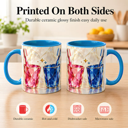 #pl[11oz|Blue] Gemstone Toothbrush Pair Coffee Mug, Dental Theme Mug, Ceramic Cup