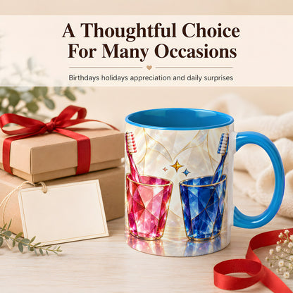 #pl[11oz|Blue] Gemstone Toothbrush Pair Coffee Mug, Dental Theme Mug, Ceramic Cup