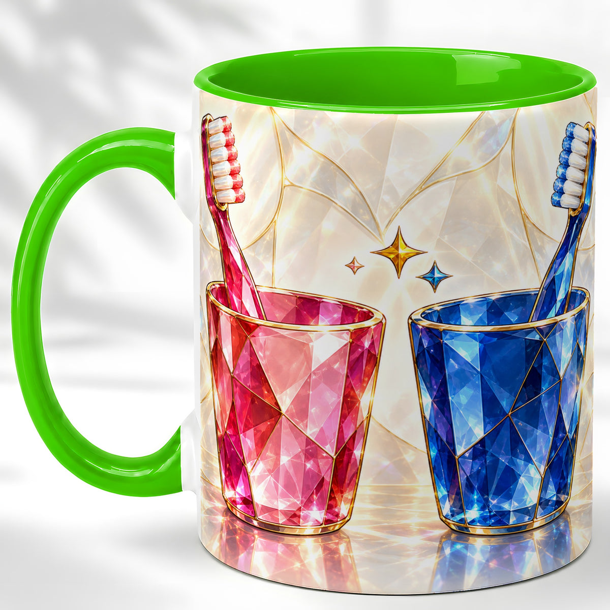 #pl[11oz|Green] Gemstone Toothbrush Pair Coffee Mug, Dental Theme Mug, Ceramic Cup