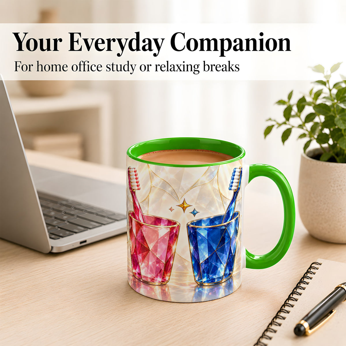 #pl[11oz|Green] Gemstone Toothbrush Pair Coffee Mug, Dental Theme Mug, Ceramic Cup