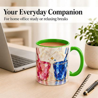 #pl[11oz|Green] Gemstone Toothbrush Pair Coffee Mug, Dental Theme Mug, Ceramic Cup