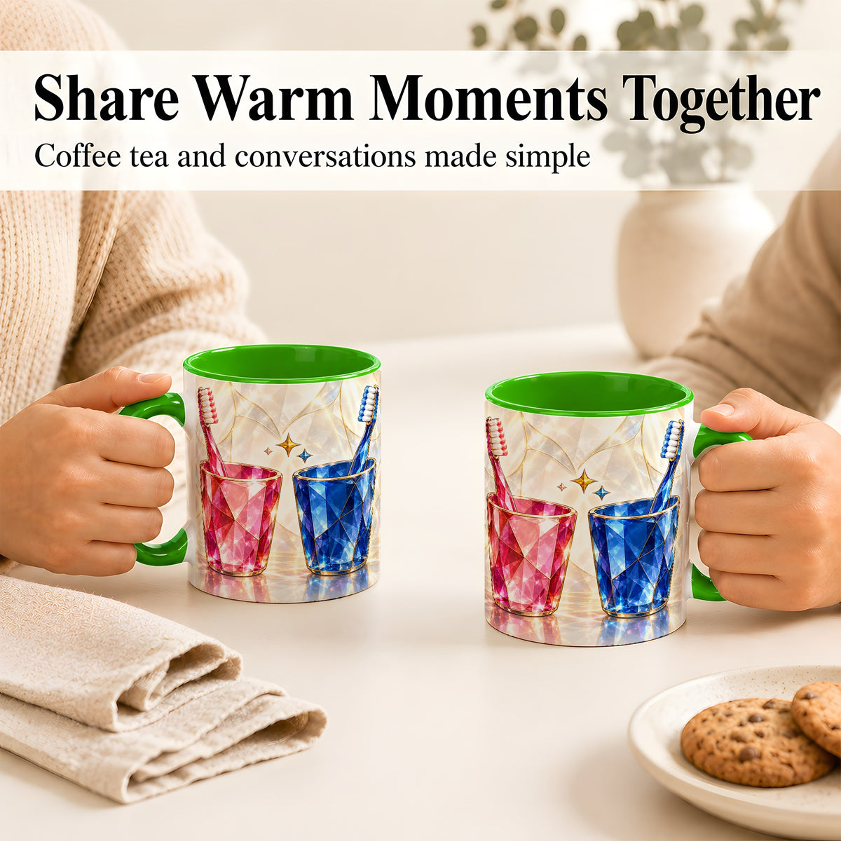 #pl[11oz|Green] Gemstone Toothbrush Pair Coffee Mug, Dental Theme Mug, Ceramic Cup